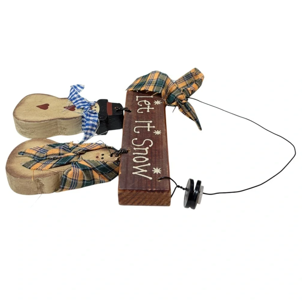 Vintage Snowman Ornaments Let It Snow Hand Painted Wooden Winter Christmas Decor